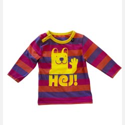 Danef - Pigebluse m. Hej-motivet, stribbet i lilla, lyserd og gul farve,  9mdr.