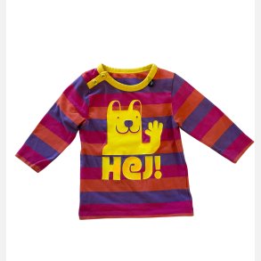 Danef - Pigebluse m. Hej-motivet, stribbet i lilla, lyserd og gul farve,  9mdr.