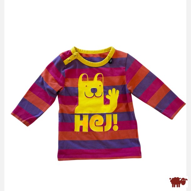 Danef - Pigebluse m. Hej-motivet, stribbet i lilla, lyserd og gul farve,  9mdr.