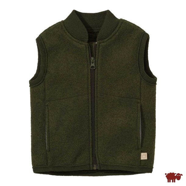 Disana - Uldvest til b�rn � 100% �kologisk merinould, sporty snit, store lommer, Olivengr�n