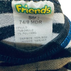 Friends - Drengebody i gr� og sorte striber med uld, brugt, str. 74 cm ( 9 mdr.)