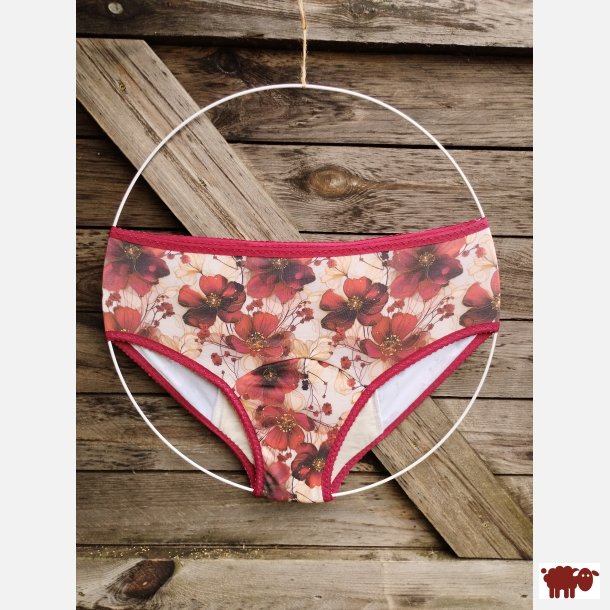 Tymoszku - Premium Menstruationstrusser i bomuld &amp; bambus, FIGI, XL � H�ndsyet | R�de Valmuer